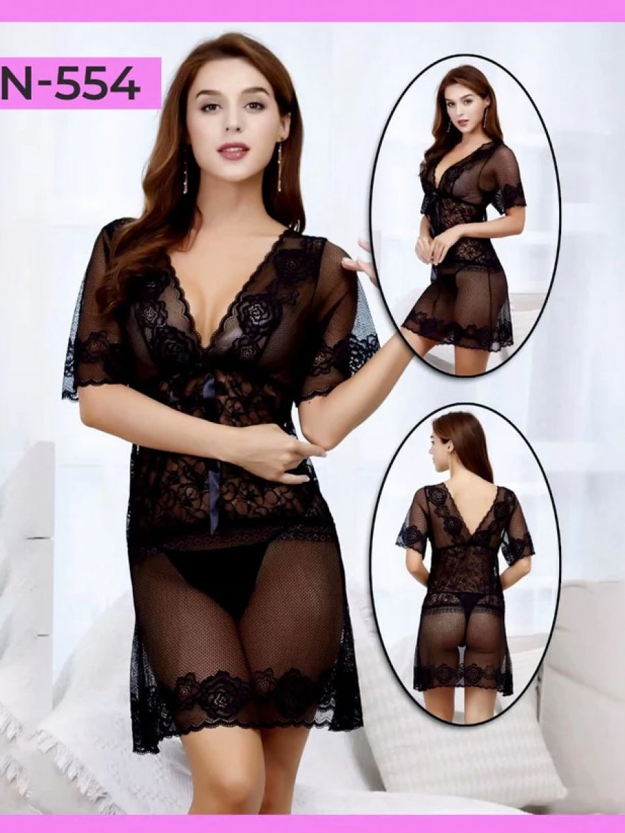 Transparent Lace Pattern Net Nighty Set