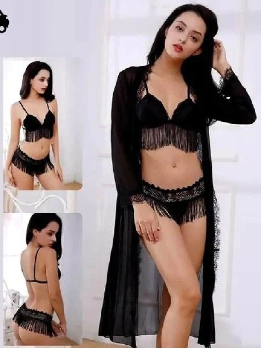 3 Pcs  sexy nighty with long gown